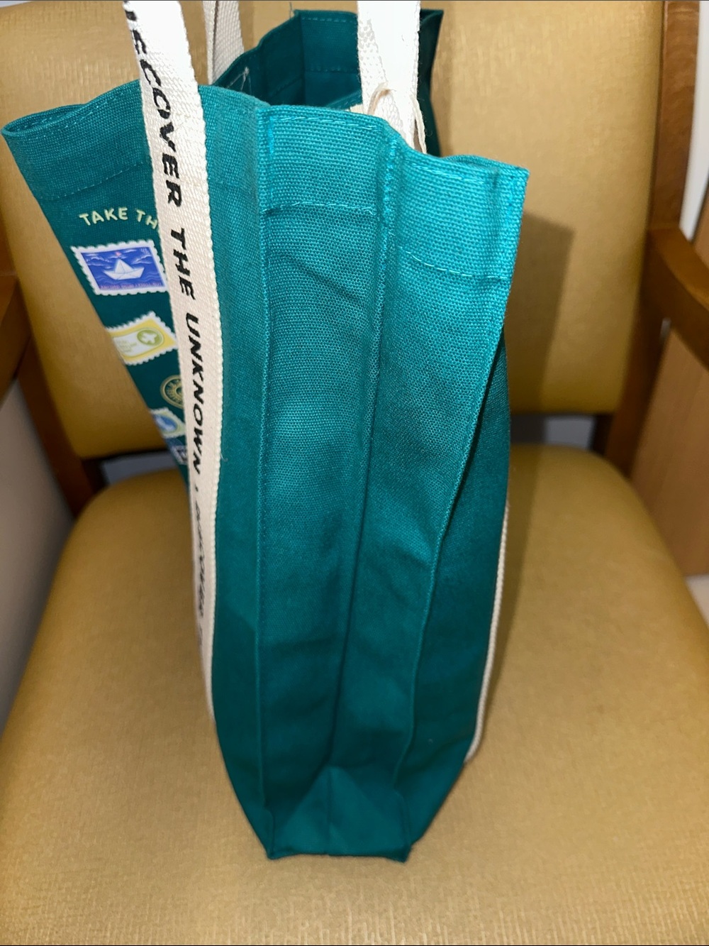 PAPER SOURCE teal ivory multi DISCOVER THE UNKNOWN CANVAS STAMP TOTE - Picture 6 of 11